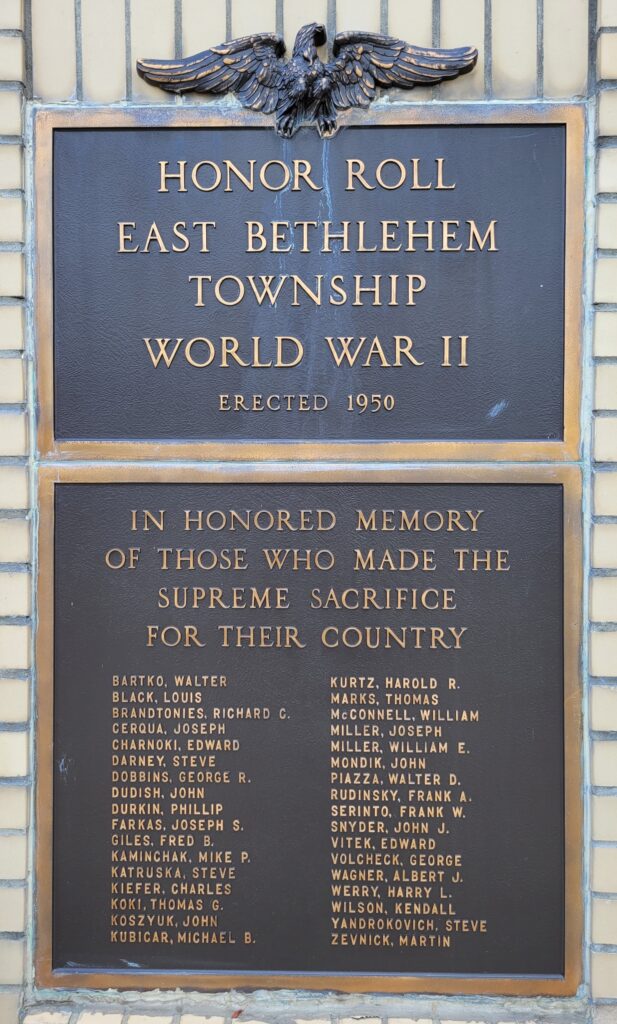 HONOR ROLL EAST BETHLEHEM TOWNSHIP WORLD WAR II MEMORIAL PLAQUE