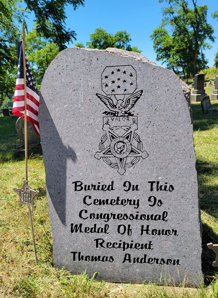 BURIED IN THIS CEMETERY IS CONGRESSIONAL MEDAL OF HONOR RECIPIENT THOMAS ANDERSON MEMORIAL STONE