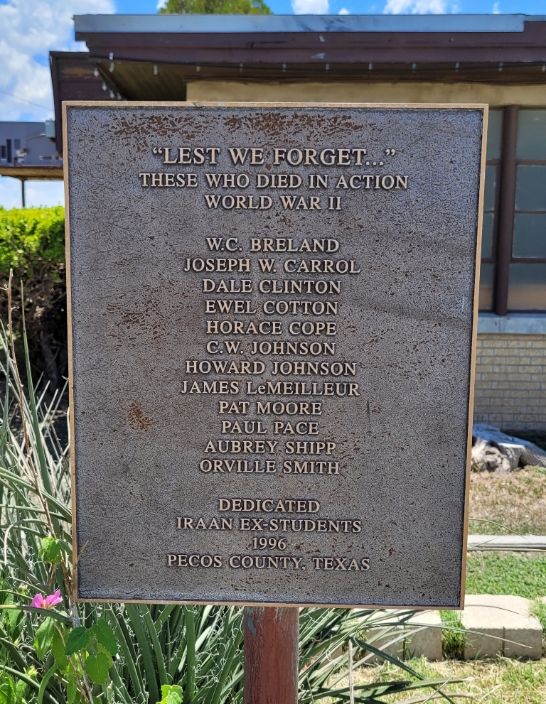 PECOS COUNTY “LEST WE FORGET” WAR MEMORIAL PLAQUE