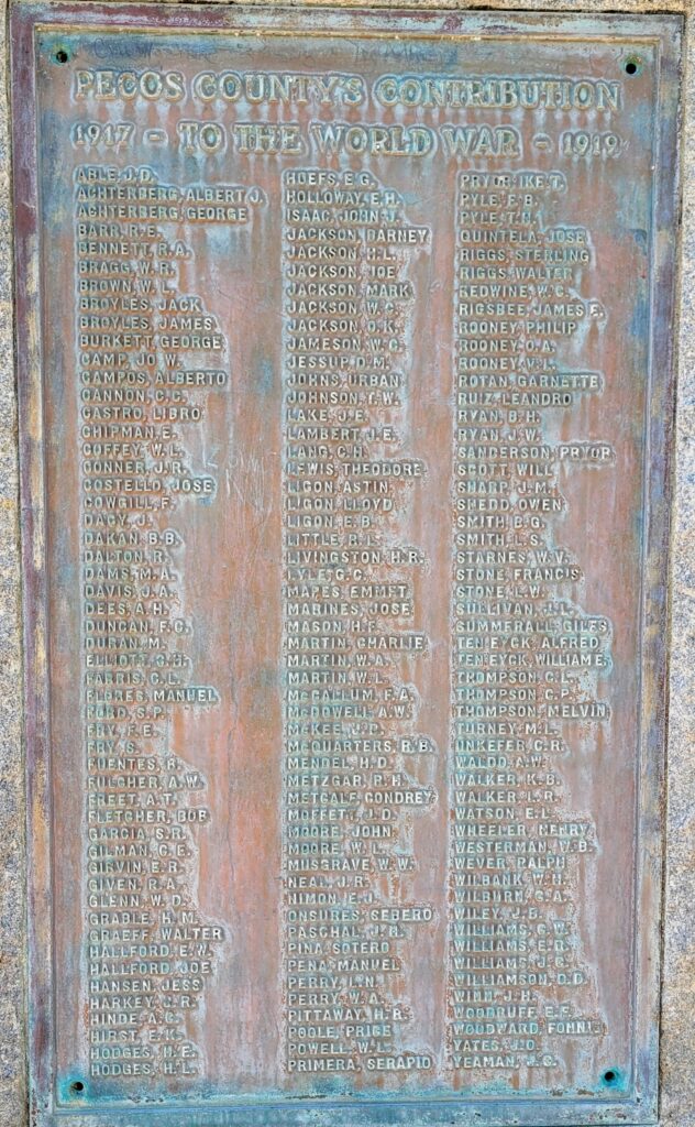 PECOS COUNTY’S CONTRIBUTION TO THE WORLD WAR MEMORIAL PLAQUE