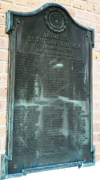 ANDOVER LUTHERAN CHURCH WAR VETERANS MEMORIAL PLAQUE