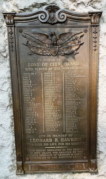 BOYS OF CITY ISLAND WORLD WAR MEMORIAL PLAQUE