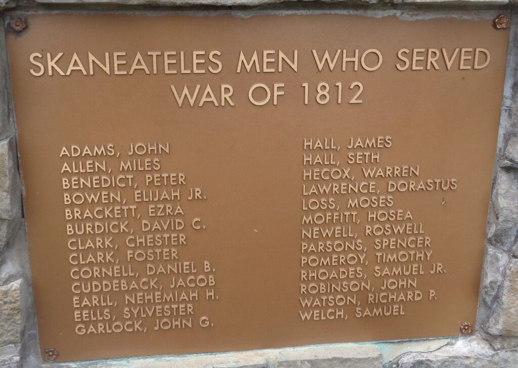 SKANEATELES MEN WHO SERVED WAR OF 1812 MEMORIAL PLAQUE