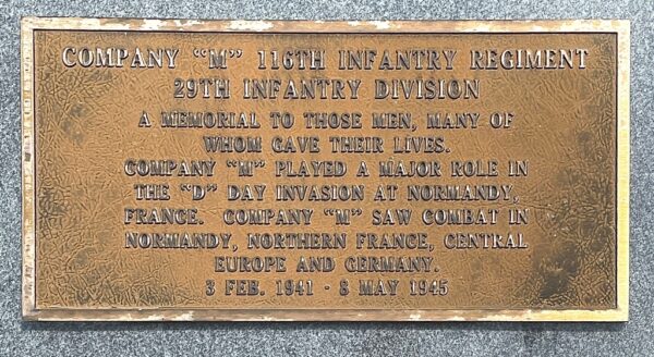 COMPANY “M” 116TH INFANTRY REGIMENT WAR MEMORIAL PLAQUE