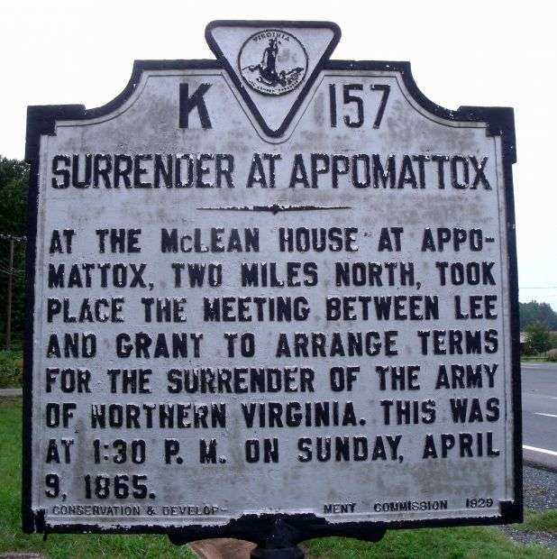 SURRENDER AT APPOMATTOX MEMORIAL MARKER