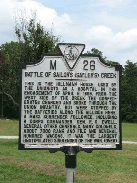 BATTLE OF SAILORS (SAYLER’S) CREEK MEMORIAL MARKER SIDE I