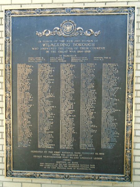 WILMERDING BOROUGH GREAT WAR MEMORIAL PLAQUE