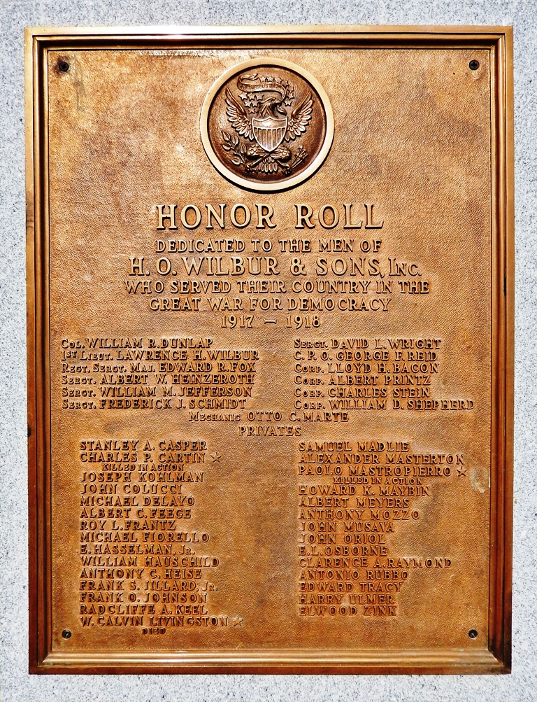 H.O. WILBUR & SONS, INC GREAT WAR MEMORIAL PLAQUE