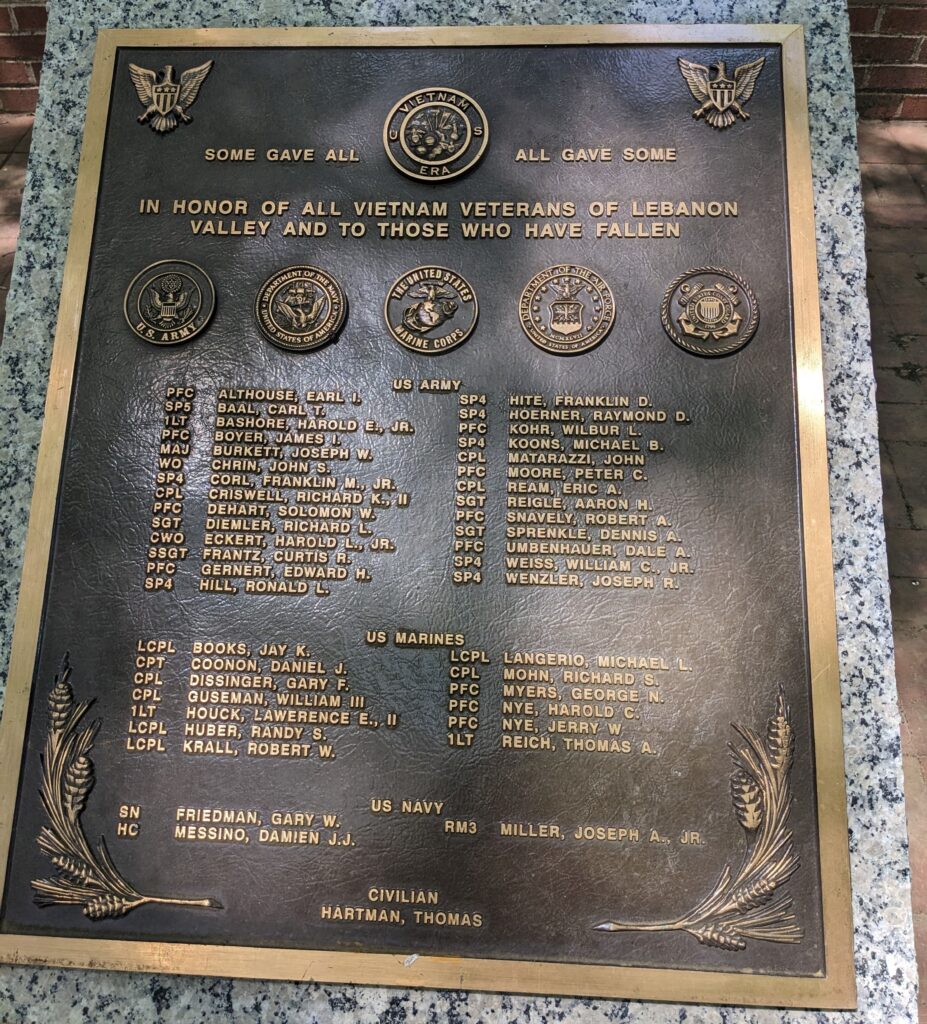 LEBANON VALLEY ALL VIETNAM VETERANS MEMORIAL PLAQUE