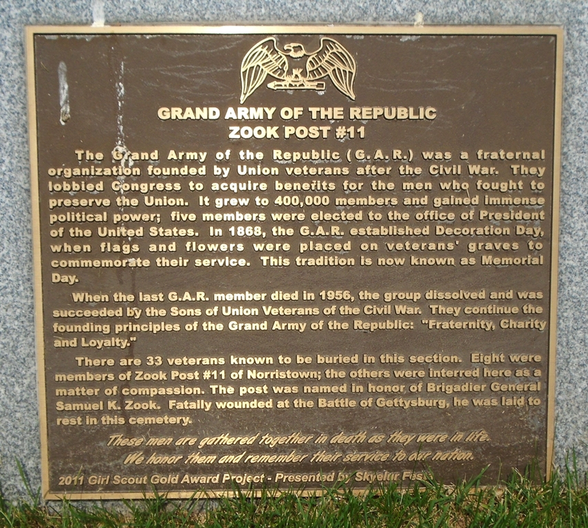 GRAND ARMY OF THE REPUBLIC ZOOK POST #11 MEMORIAL PLAQUE