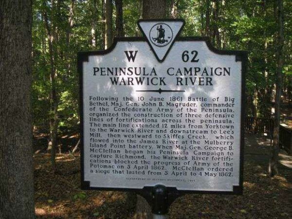 PENINSULA CAMPAIGN WARWICK RIVER MEMORIAL MARKER