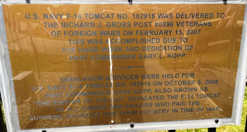 VFW POST 8896 U.S. NAVY F-14 TOMCAT MEMORIAL PLAQUE