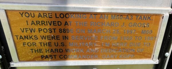 VFW POST 8896 M60-A3 TANK MEMORIAL PLAQUE