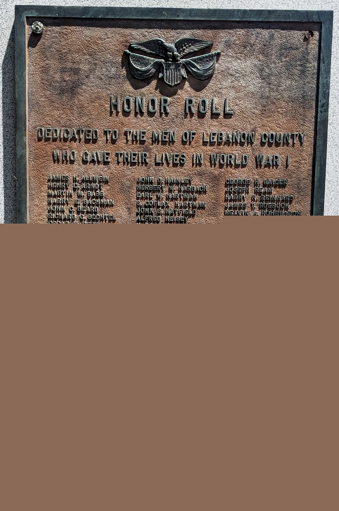 LEBANON COUNTY WORLD WAR I HONOR ROLL MEMORIAL PLAQUE