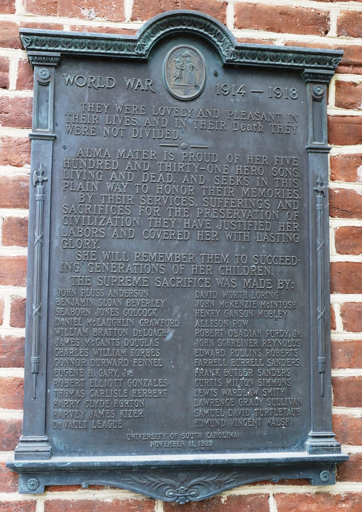 UNIVERSITY OF SOUTH CAROLINA WORLD WAR I MEMORIAL PLAQUE