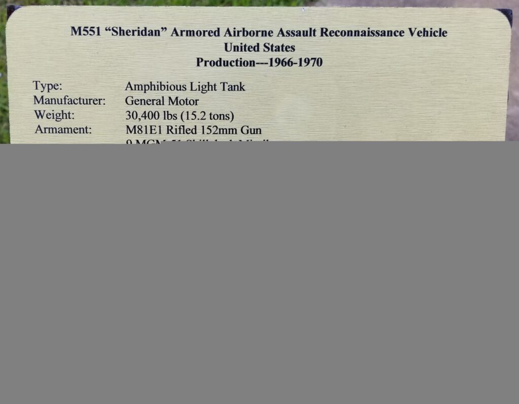 M 551 “SHERIDAN” ARMORED AIRBORNE ASSAULT RECONNAISSANCE VEHICLE MEMORIAL PLAQUE