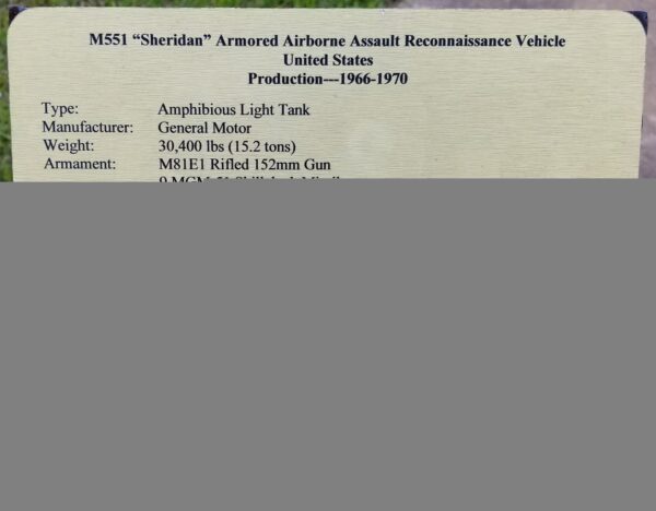 M 551 “SHERIDAN” ARMORED AIRBORNE ASSAULT RECONNAISSANCE VEHICLE MEMORIAL PLAQUE