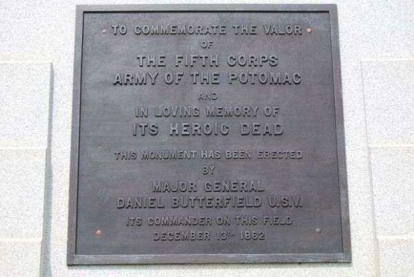 THE FIFTH CORPS AT FREDERICKSBURG WAR MEMORIAL PLAQUE