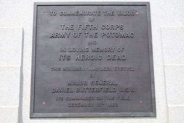 THE FIFTH CORPS AT FREDERICKSBURG WAR MEMORIAL PLAQUE
