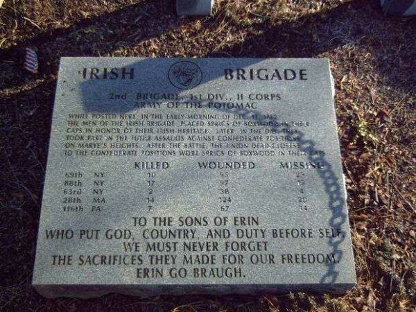 IRISH BRIGADE AT FREDERISCKSBURG MEMORIAL PLAQUE