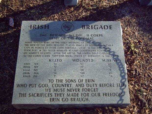 IRISH BRIGADE AT FREDERISCKSBURG MEMORIAL PLAQUE