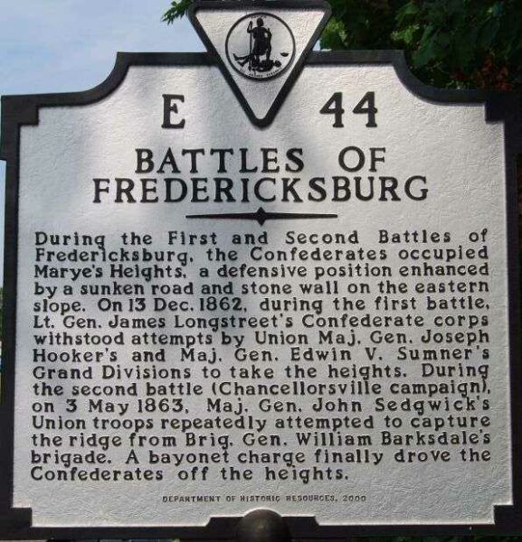 BATTLES OF FREDERICKSBURG MEMORIAL MARKER