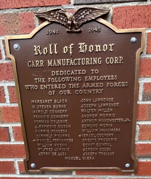 CARR MANUFACTURING CORP. ROLL OF HONOR MEMORIAL PLAQUE
