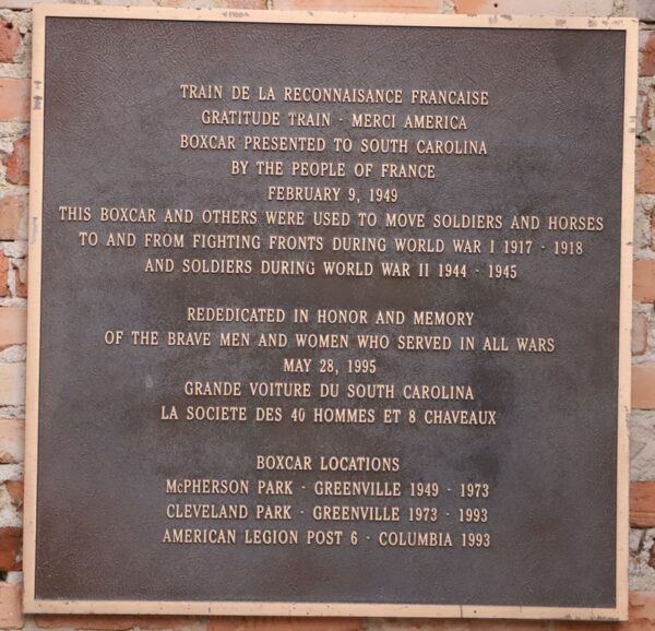 SOUTH CAROLINA MERCI TRAIN WAR MEMORIAL PLAQUE