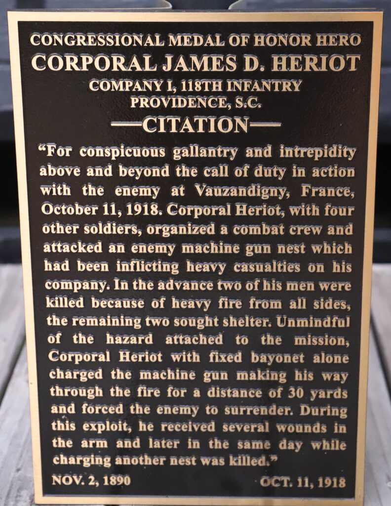CORPORAL JAMES D. HERIOT MEDAL OF HONOR WAR MEMORIAL PLAQUE