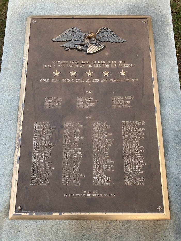 GOLD STAR HONOR ROLL ATHENS AND CLARKE COUNTY MEMORIAL PLAQUE