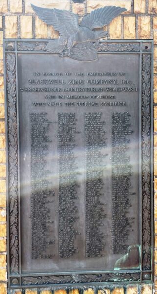 BLACKWELL ZINC COMPANY WORLD WAR II MEMORIAL PLAQUE