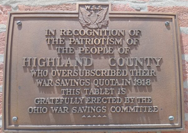 HIGHLAND COUNTY WAR SAVINGS MEMORIAL PLAQUE