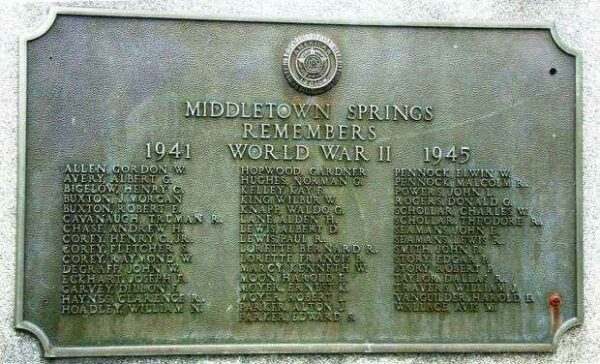 MIDDLETOWN SPRINGS WORLD WAR II MEMORIAL PLAQUE
