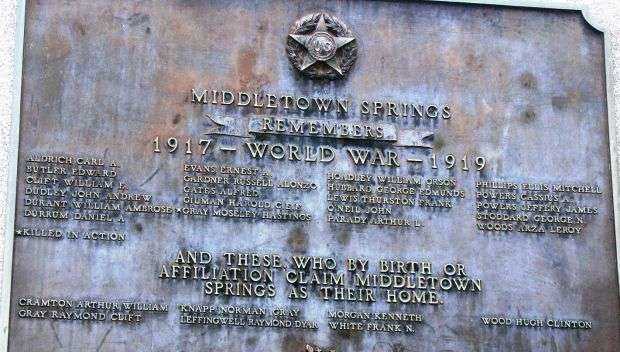 MIDDLETOWN SPRINGS WORLD WAR I MEMORIAL PLAQUE