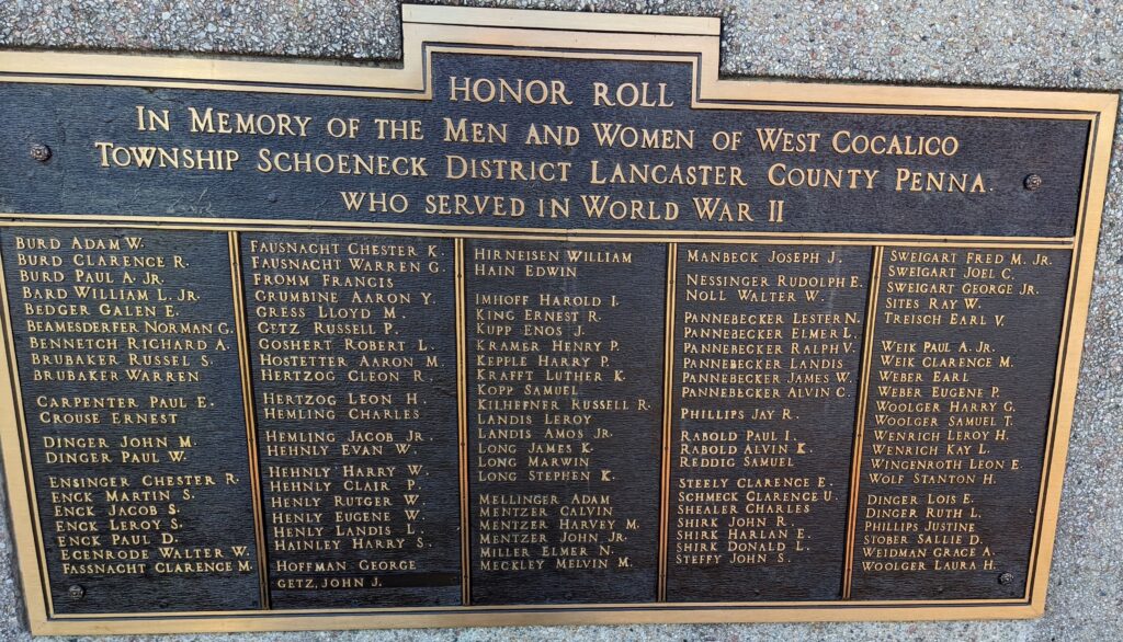 WEST COCALICO TOWNSHIP SCHOENECK DISTRICT LANCASTER COUNTY PENNA. HONOR ROLL MEMORIAL PLAQUE A