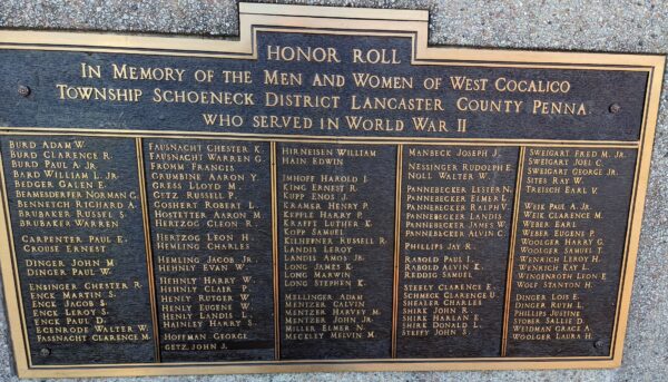 WEST COCALICO TOWNSHIP SCHOENECK DISTRICT LANCASTER COUNTY PENNA. HONOR ROLL MEMORIAL PLAQUE A