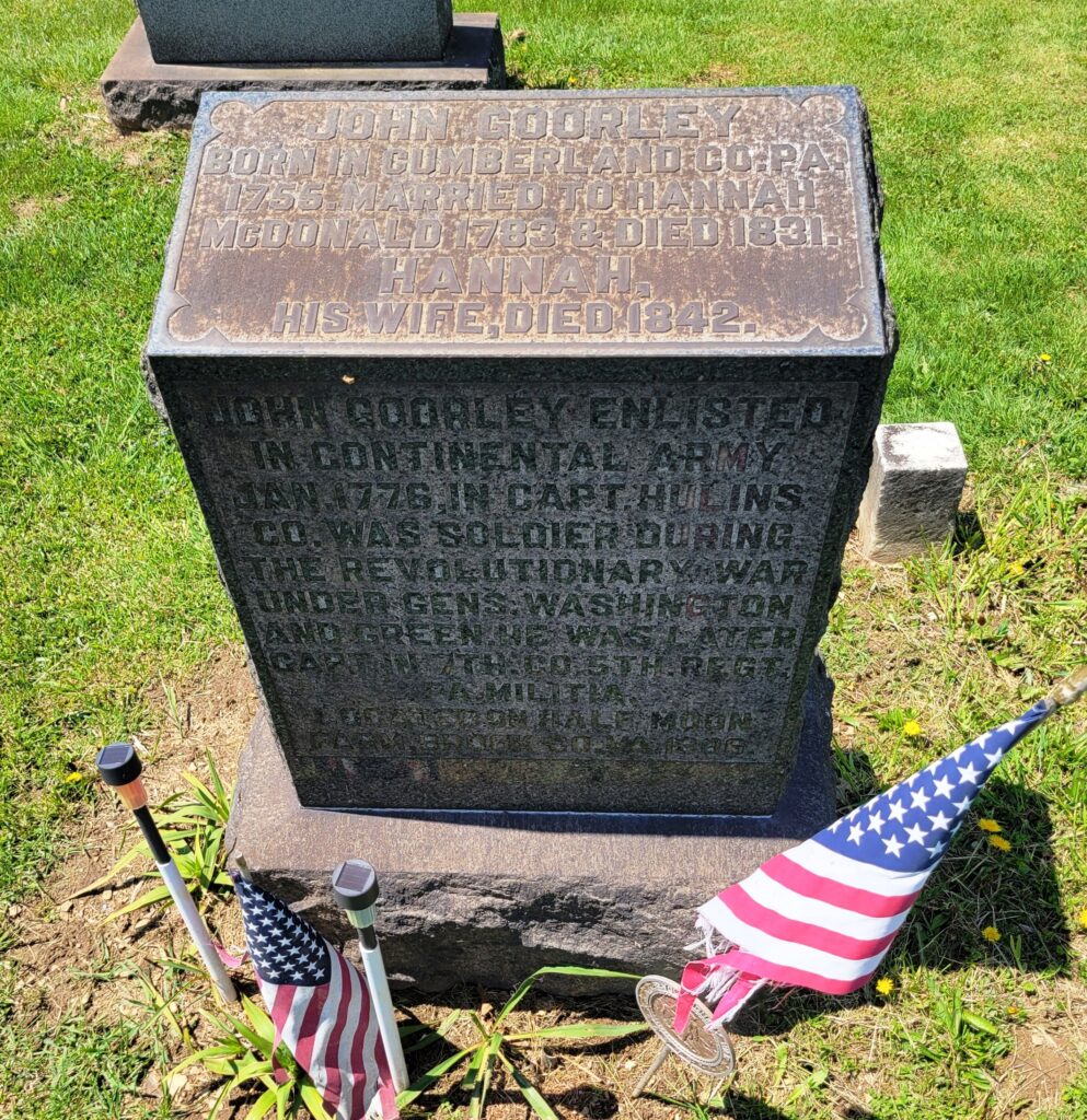 JOHN GOORLEY REVOLUTIONARY WAR SOLDIER MEMORIAL CEMETERY STONE