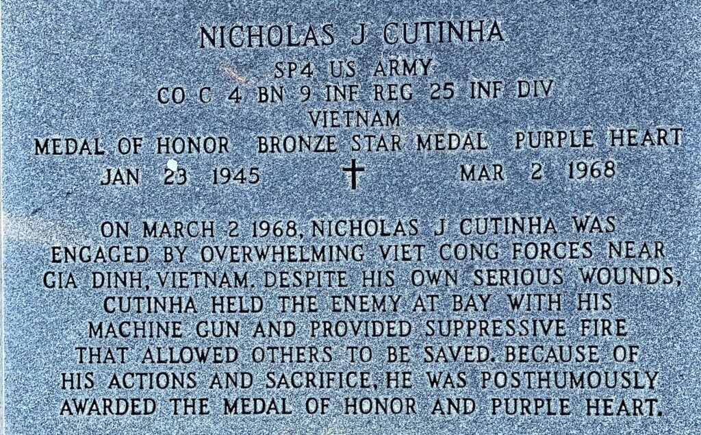 NICHOLAS J CUTINHA MEDAL OF HONOR WAR MEMORIAL STONE