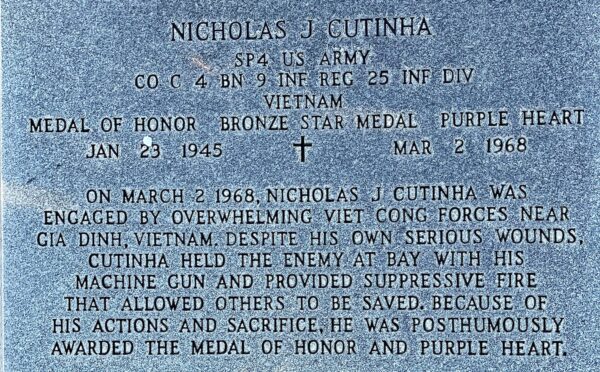 NICHOLAS J CUTINHA MEDAL OF HONOR WAR MEMORIAL STONE