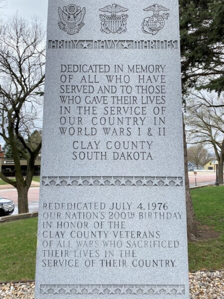 CLAY COUNTY SOUTH DAKOTA VETERANS MEMORIAL STONE A