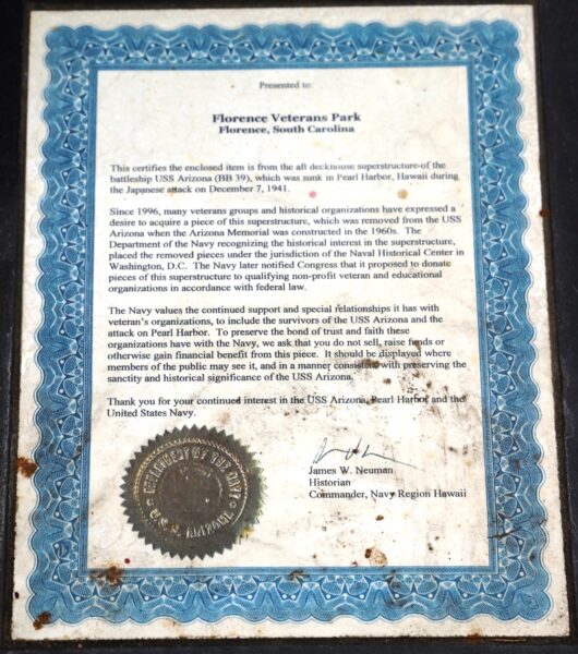 FLORENCE USS ARIZONA WAR MEMORIAL PLAQUE