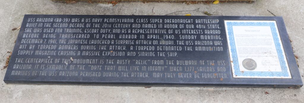 FLORENCE USS ARIZONA WAR MEMORIAL TABLET A