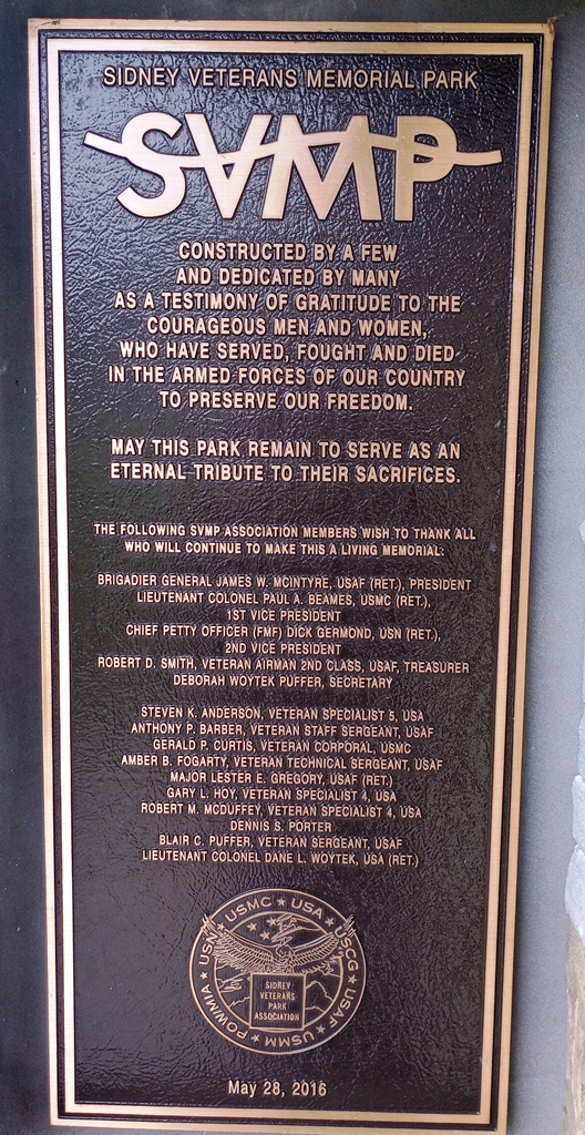 SIDNEY VETERANS MEMORIAL PARK PLAQUE
