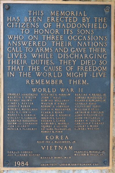 HADDONFIELD SUPREME SACRIFICE VETERANS MEMORIAL PLAQUE