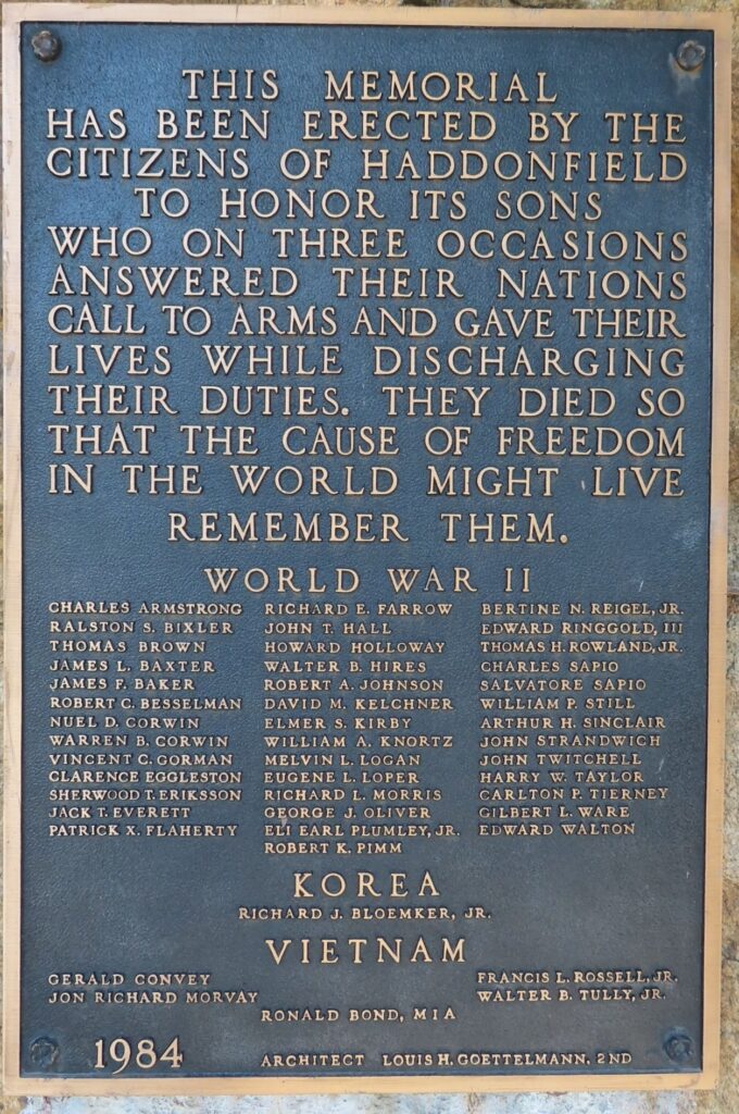 HADDONFIELD SUPREME SACRIFICE VETERANS MEMORIAL PLAQUE