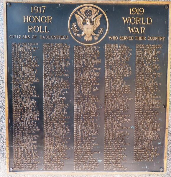 HADDONFIELD WORLD WAR HONOR ROLL MEMORIAL PLAQUE