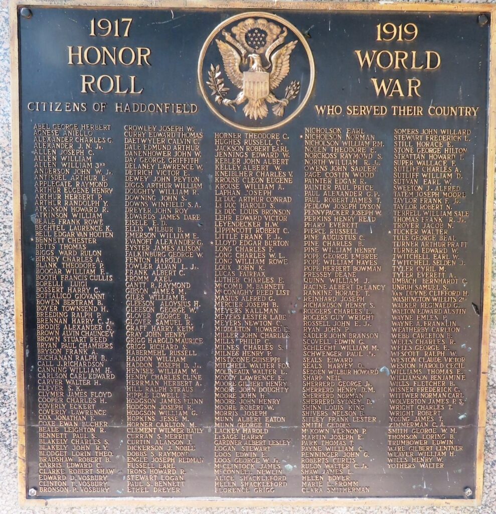 HADDONFIELD WORLD WAR HONOR ROLL MEMORIAL PLAQUE