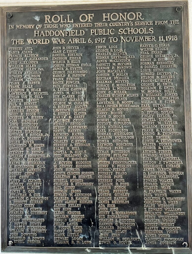 HADDONFIELD PUBLIC SCHOOLS WORLD WAR ROLL OF HONOR MEMORIAL PLAQUE