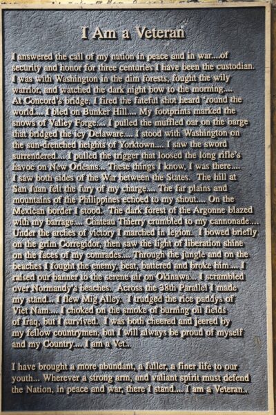 I AM A VETERANS WAR MEMORIAL PLAQUE