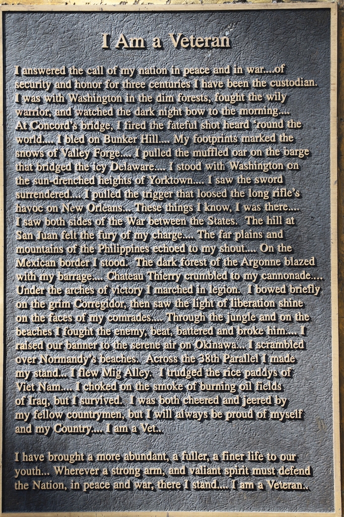 I AM A VETERANS WAR MEMORIAL PLAQUE